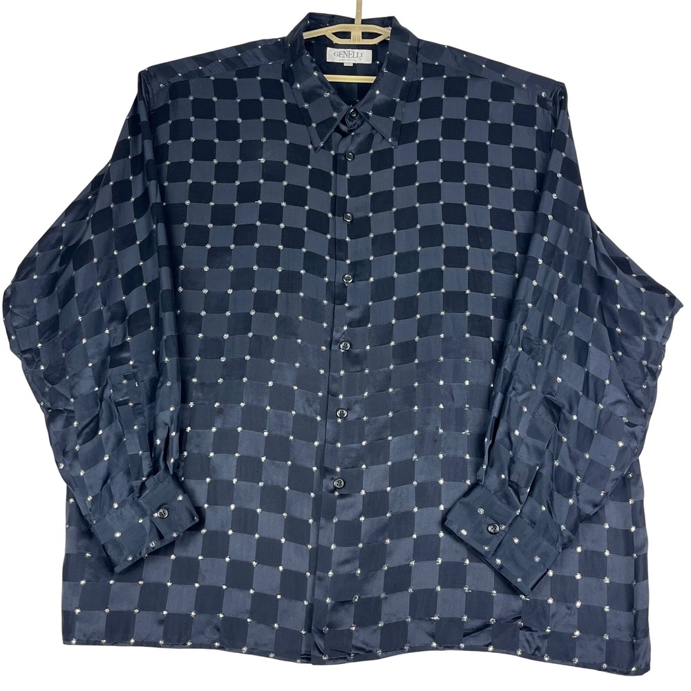 Genelli Silk Button Down Shirt Mens 2XL Black Grey Checkered Pattern Long Sleeve